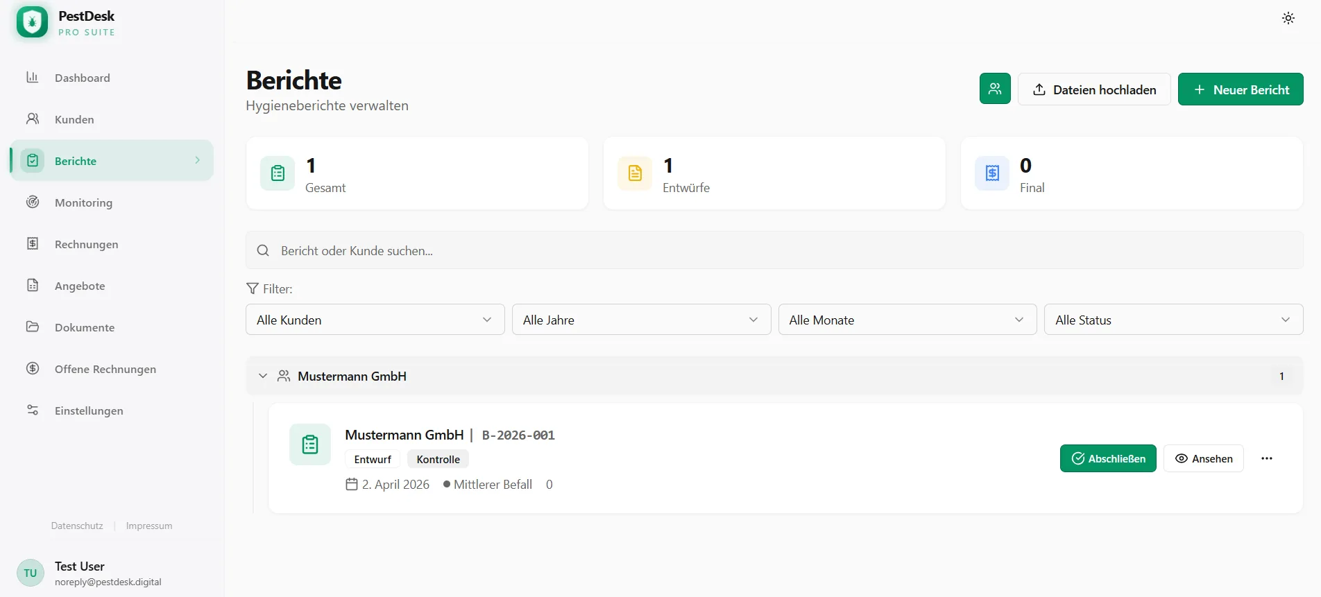 Einsatzberichte in der PestDesk Software für Schädlingsbekämpfer – PDF mit Logo, Wirkstoffen und digitaler Unterschrift