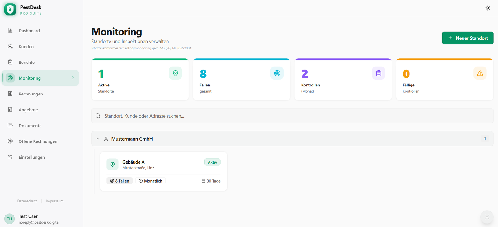 PestDesk Monitoring – Standorte und Objekte verwalten